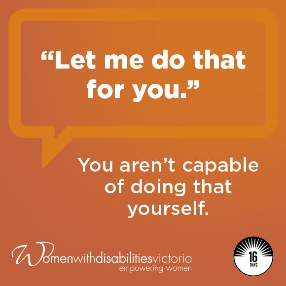 Social media tile with 16 Days of Activism logo and WDV logo: '"Let me do that for you." You aren't capable of doing that yourself.'
