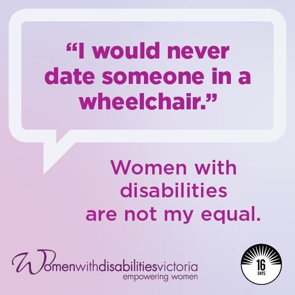 Social media tile with 16 Days of Activism logo and WDV logo: '"I would never date someone in a wheelchair." Women with disabilities are not my equal.'