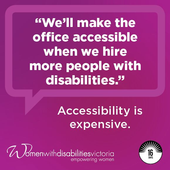 Social media tile with 16 Days of Activism logo and WDV logo: '"We’ll make the office accessible when we hire more people with disabilities.” Accessibility is expensive.’