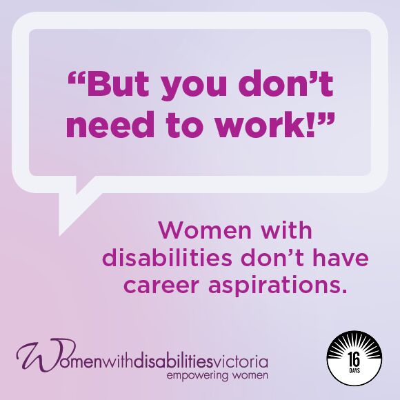 Social media tile with 16 Days of Activism logo and WDV logo: ‘”But you don’t need to work.” Women with disabilities don’t have career aspirations.’