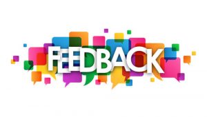 The word feedback in front of coloured geometric shapes