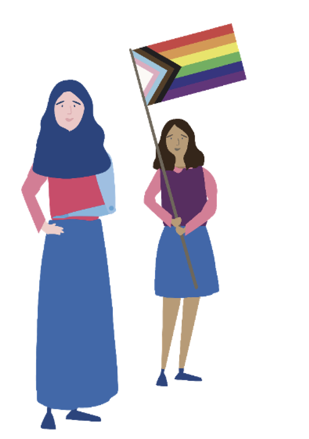 Illustration of two women, one wearing a hijab and one folding the pride in progress flag