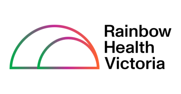 Rainbow Health Victoria logo. Black text to the right of two rainbow coloured semi-circles, one inside the other.