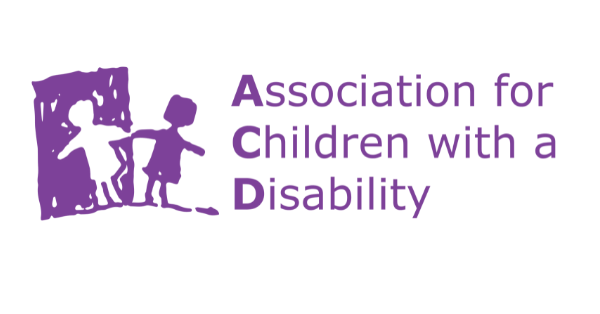 Logo for the Association for Children with a Disability. Purple text next to a scribble of two children playing.