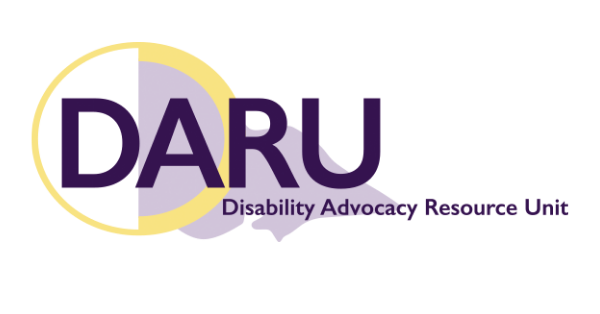 DARU logo. Disability Advocacy Resource Unit. Purple text over a gold ring, over a map of Victoria.