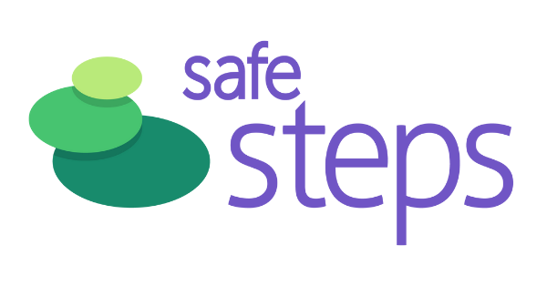 Safe Steps logo. Purple text next to three green lily pads stacked like steps.