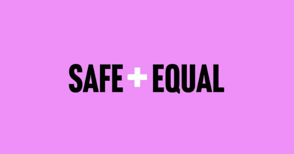 Safe and Equal logo. Black blocky text on a bright purple background.