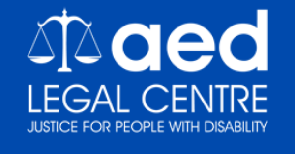 AED Logo. A white set of scales next to text that reads: AED Legal Centre, Justice for people with disability."
