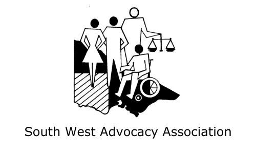 South West Advocacy Association Logo. A black and white image of a group of people over a map of Victoria. One is in a wheelchair. One holds a set of scales.