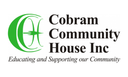 Cobram Community House Inc. logo. Educating and supporting our community. Black text on white with a green symbol made of the letters C C H.