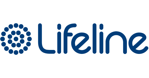 Lifeline logo. Blue text next to circles of spots, reminiscent of the on an old phone.