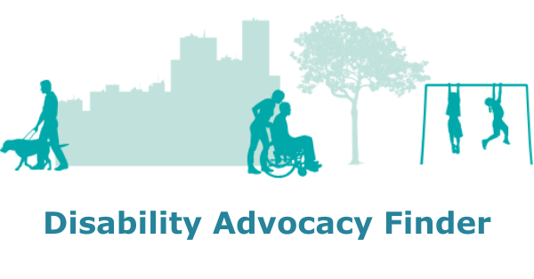 Green graphics of disabled people outside, one using a wheelchair, one with a guide dog. Two children are playing on a swing set. Text reads: "Disability Advocacy Finder".