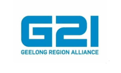 G21 Logo. Geelong Region Alliance. Blue text on white.
