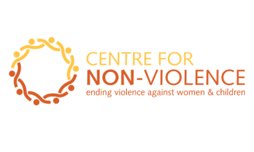Centre for Non-Violence Logo. Ending violence against women and children. Yellow and brown text and circle made of lines and dots.