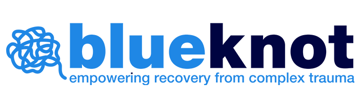 The Blue Knot logo. Image of a knotted blue piece of string. Text reads: Blue knot, empoering recovery from complex trauma.
