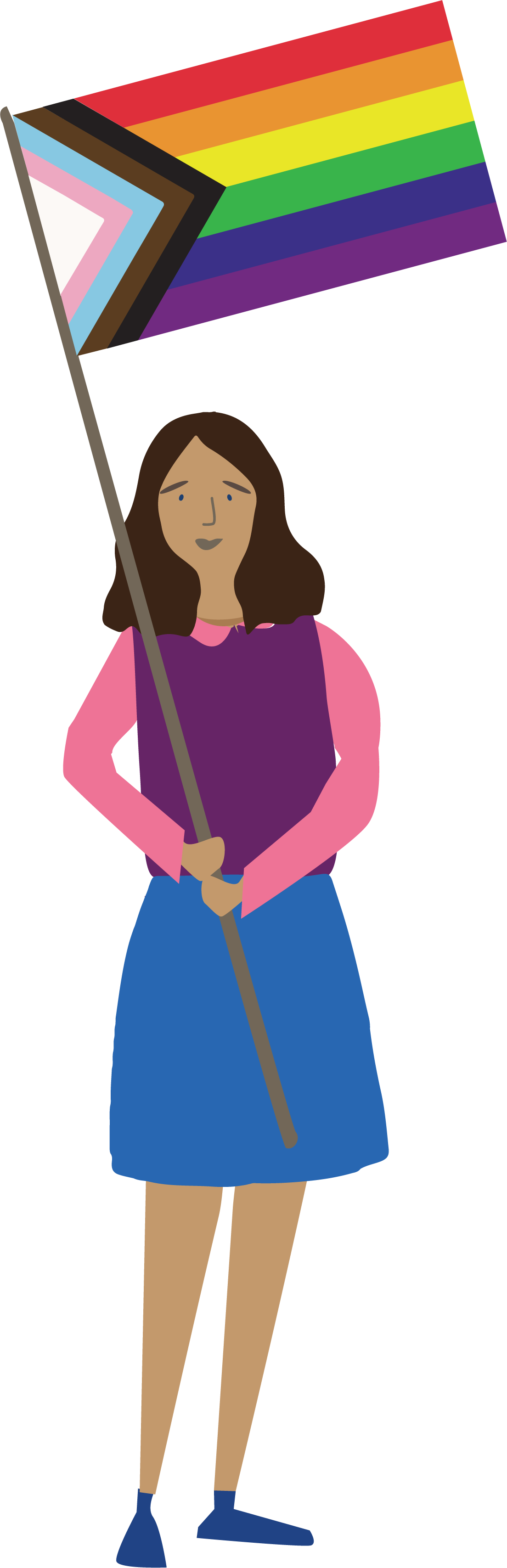 A graphic of a young brown woman holding an LGBTIQIA+ flag.