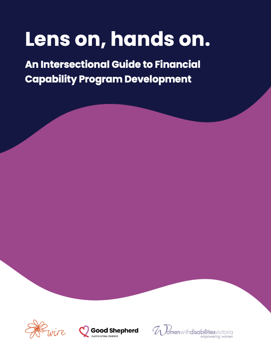 Test reads: "Lens on, hands on: An Intersectional Guide to Financial Capability Program Development" over purple waves. The logos for Wire, Good Sheppard and Women with Disabilities Victoria sit down the page.