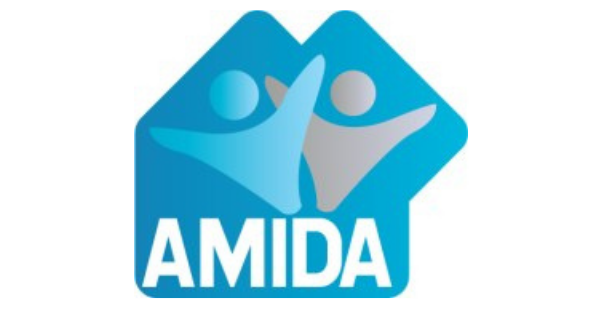 AMIDA Logo. Graphic of two people on a blue shape.