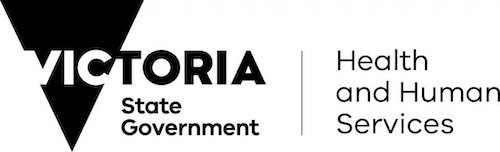 DHHS Logo. Text over a large black triangle reads: "Victoria State Government, Heath and Human Services