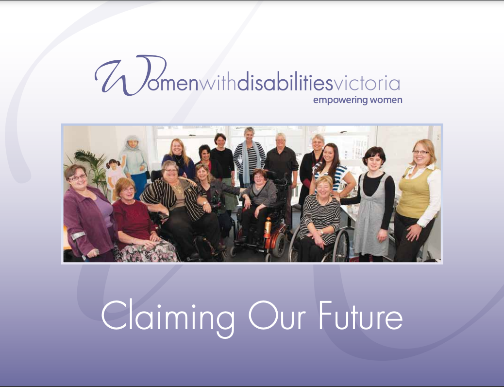 The WDV Logo above a photograph of group of 16 women, some with visible disabilities, posed together and smiling. Text below reads: Claiming our future.