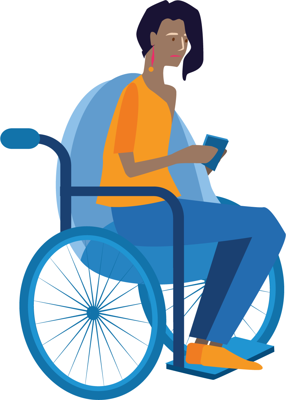 Graphic of a woman in a wheelchair with a phone.