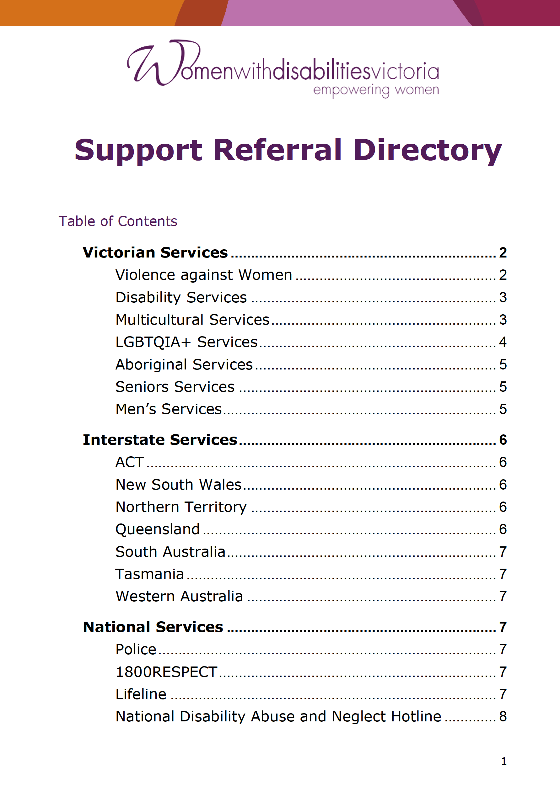 Support Referral Directory showing a table of contents