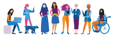 Illustration of a group of diverse women with disabilities in different poses