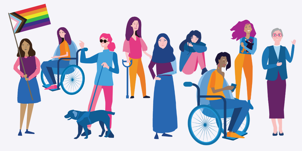 An illustration of a group of women wearing colourful clothes. Some are using wheelciars some standing and one is holding the progress pride flag