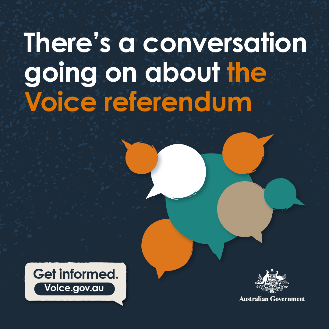 Dark blue tile with a bunch of empty speech bubbles. Yellow and white text says: There's a conversation going on about the Voice referendum.
