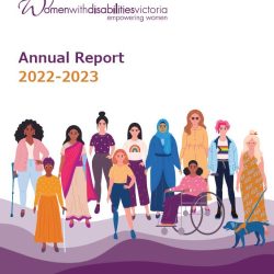 Cover of annual report 2022-2023. There is a funky illustration of a group of women and non-binary people with disabilities. They are set in front of a wavy purple graphic.