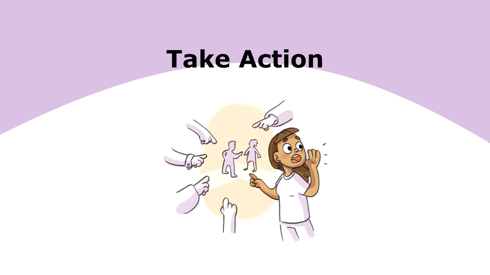 Purple and white tile. Text says "Take Action".