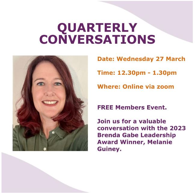White social media tile with purple accents, purple and orange font, wording as above. There is an image of event guest speaker, Melanie Guiney, smiling and facing the camera. She has auburn, curly hair and she’s wearing an olive green shirt.