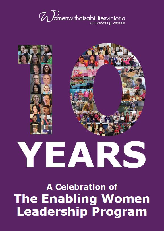 Cover of the magazine. It has a dark purple background with the WDV logo, the number 10 made out of photos of program participants and the words (in white) 10 years, a celebration of the enabling women program.