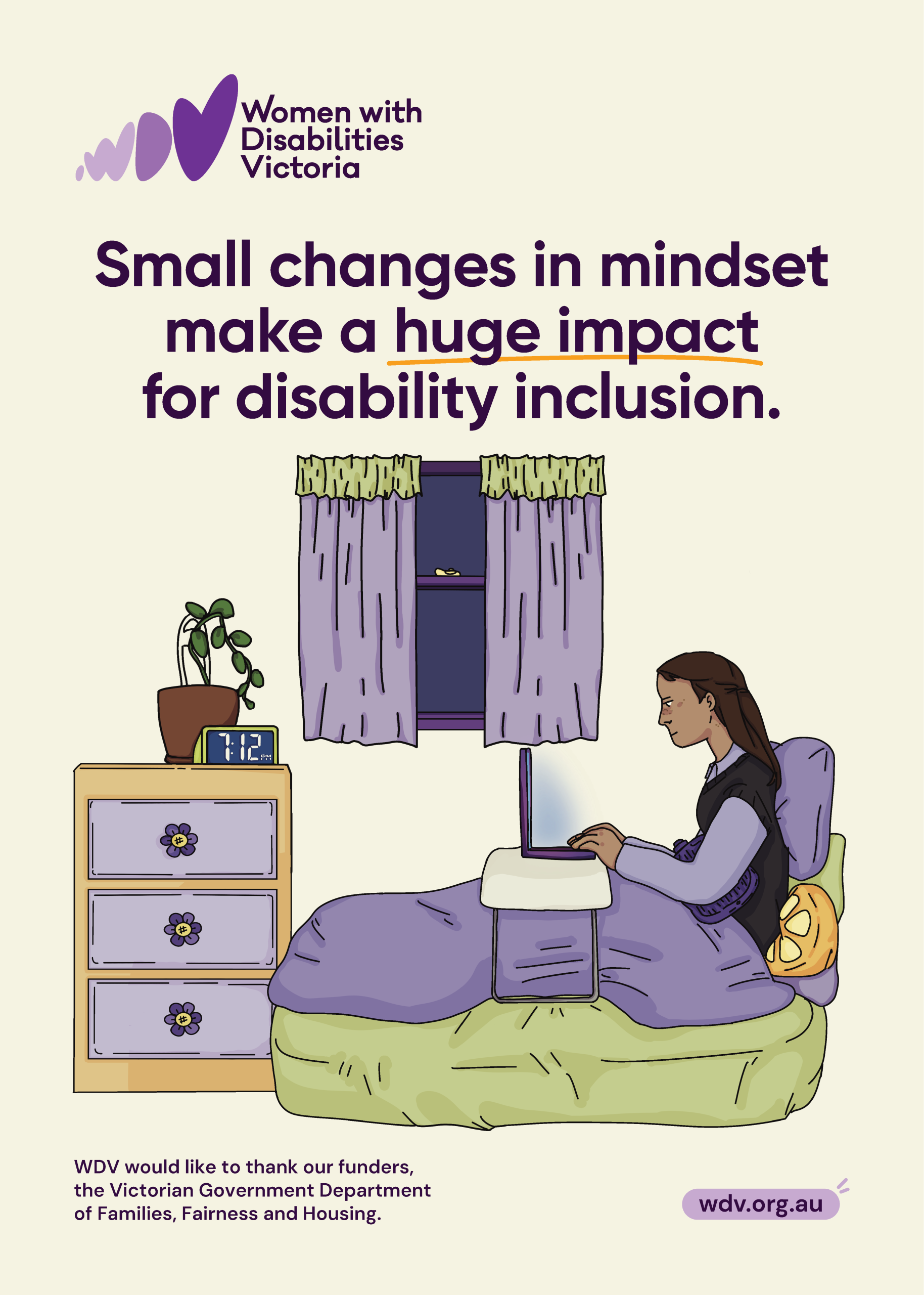 Illustration of a person working in bed, using a lap desk and with a hot water bottle on their lap. The time on the digital clock shows 7:12pm. Text reads: “Small changes in mindset make a huge impact for disability inclusion.”