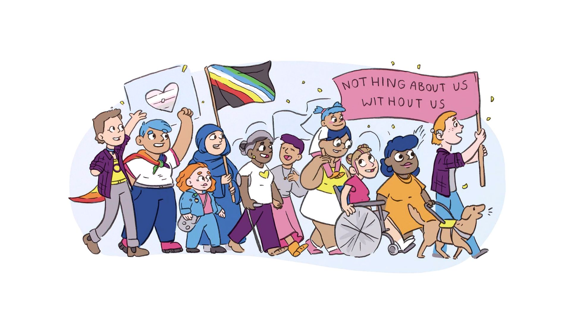 A illustration of a group of people marching with rainbow flags, trans flags and a banner that says nothing about us without us